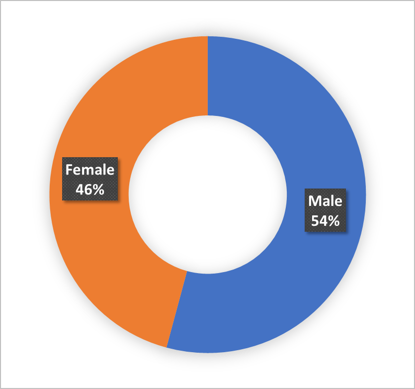 Total population percentage of person with disabilities on the basis of gender : Male 54.20% and Female 45.80%